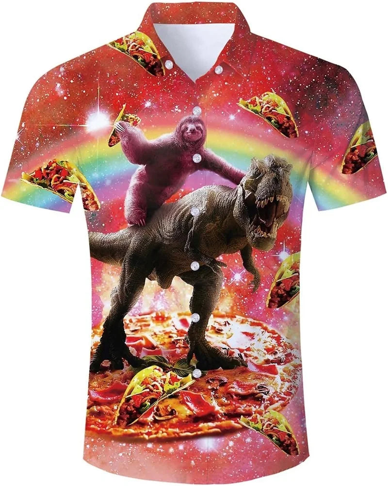 Full Print Funny Cat Dinosaur Pattern Hawaiian Shirts For Men Summer Casual Short Sleeve Button Aloha Shirt Men's Surfing Shirts