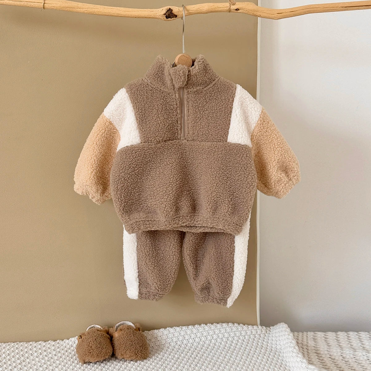 Fashion Toddler Baby Boys Girl Winter Clothes Sets Kids Lamb Velvet Zipper Pullover Pants 2Pcs Suits