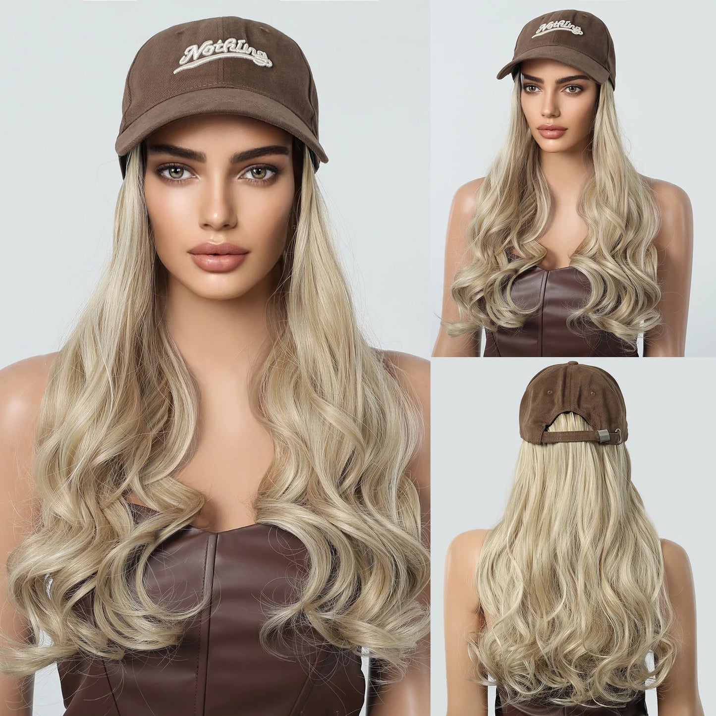 Hat Wig Blonde Hair Extension with Cap Synthetic Hair Layered Straight Wig for Women Daily Natural Heat Resistant Easy to Use