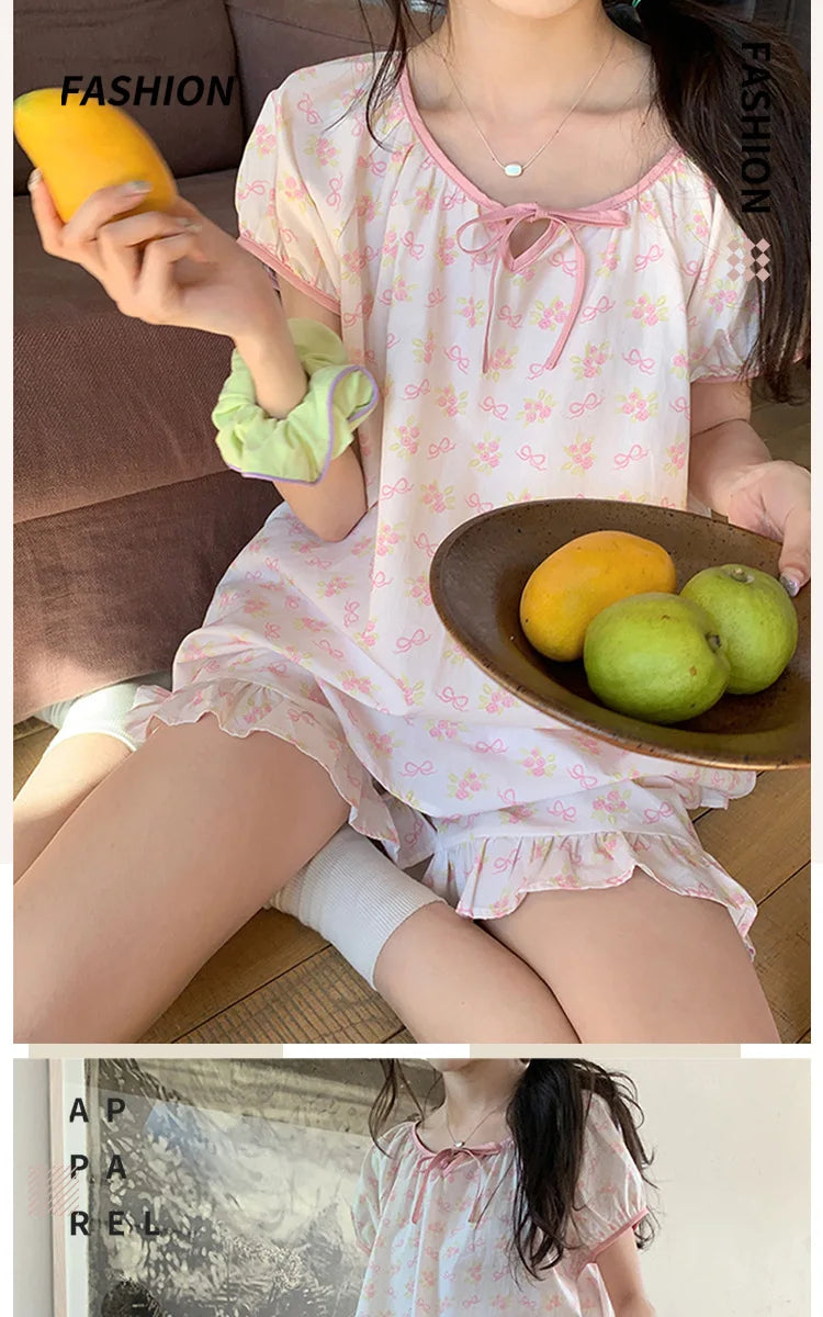 Women Homewear Two-Piece Set Printed Flowers Pink Cherry Tops Shorts Ladies Pajamas Loungewear Cute Sleepwear Fancy Underwear