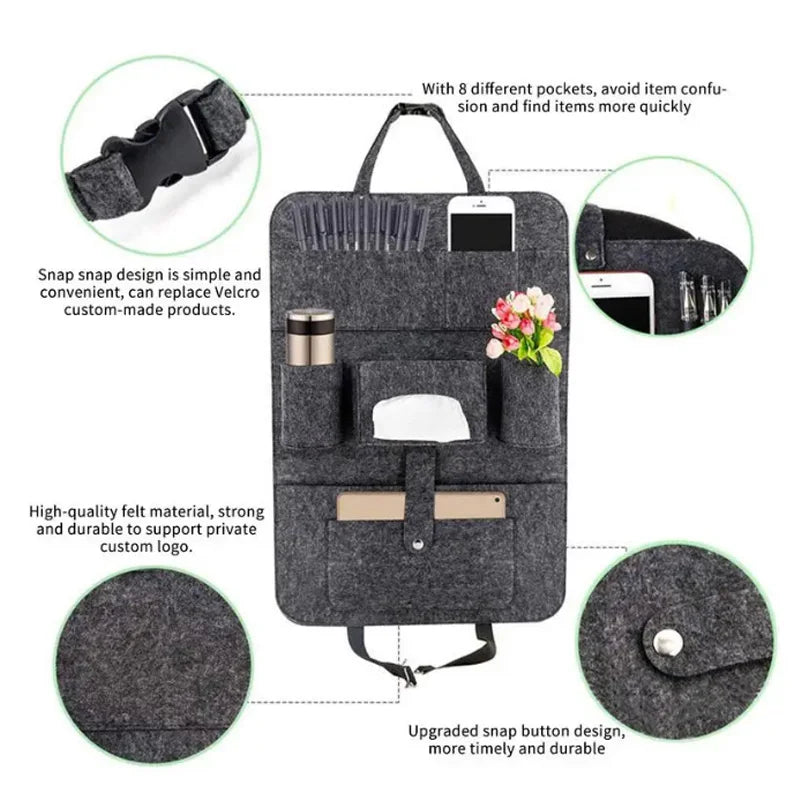 Car Back Seat Hanging Felt Storage Bag Multi-pocket Phone Ipad Water Cup Tissue Magazine Storage Bag Anti-kick Pad Car Organizer
