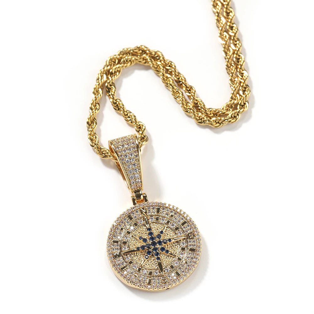 UWIN Compass Pendant Necklaces for Men Women Iced Out Black and White Cubic Zirconia Charms Fashion Jewelry for Gift