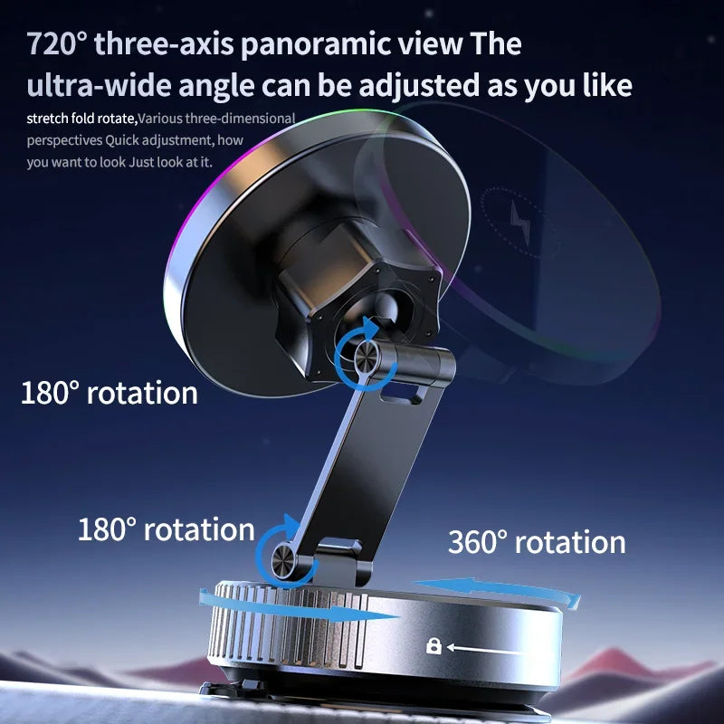 15W Vacuum Suction Magnetic Wireless Charger Car Phone Holder Mount 360 degree Rotatable Compatible with Smartphones for iPhone