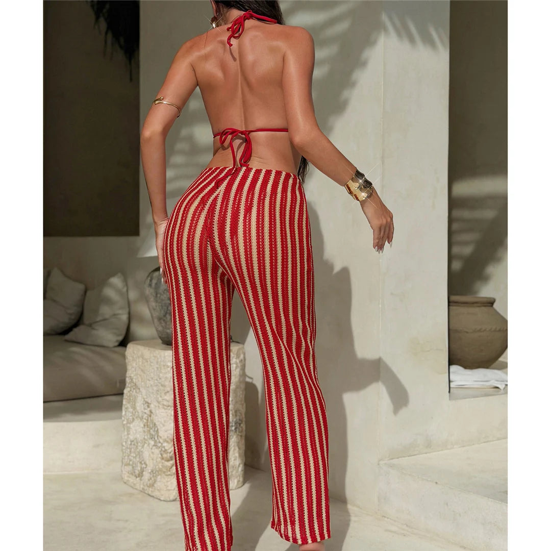 With Pants Striped Halter Bikini Female Swimsuit Women Swimwear Three-Pieces Bikini Set Brazilian Bather Bathing Suit Swim V7838