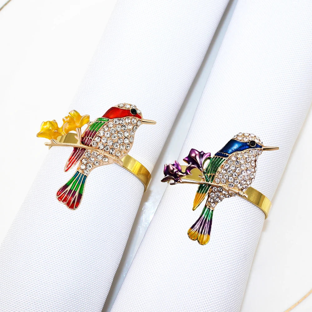 20Pcs Crystal Bird Tree Branch Napkin Rings Rhinestone Hummingbird Animal Napkin Holder for Christmas Wedding Dinner Party Decor