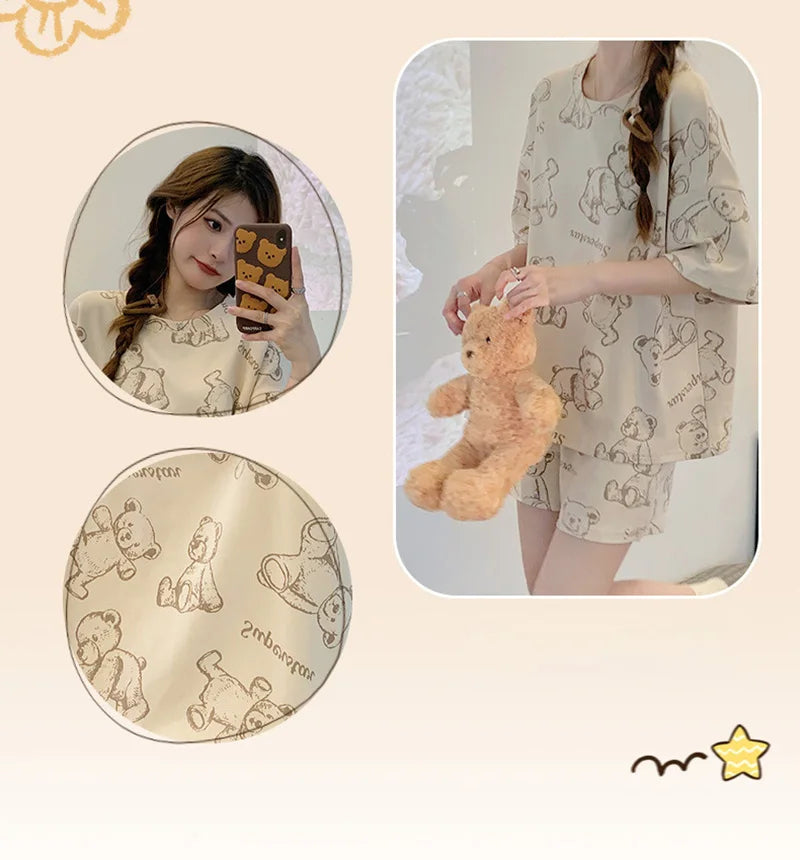 New Women's Pajamas Two-Piece Summer Thin Section Of Short-Sleeved Shorts Cute And Comfortable Milky Outwear Homewear Suit