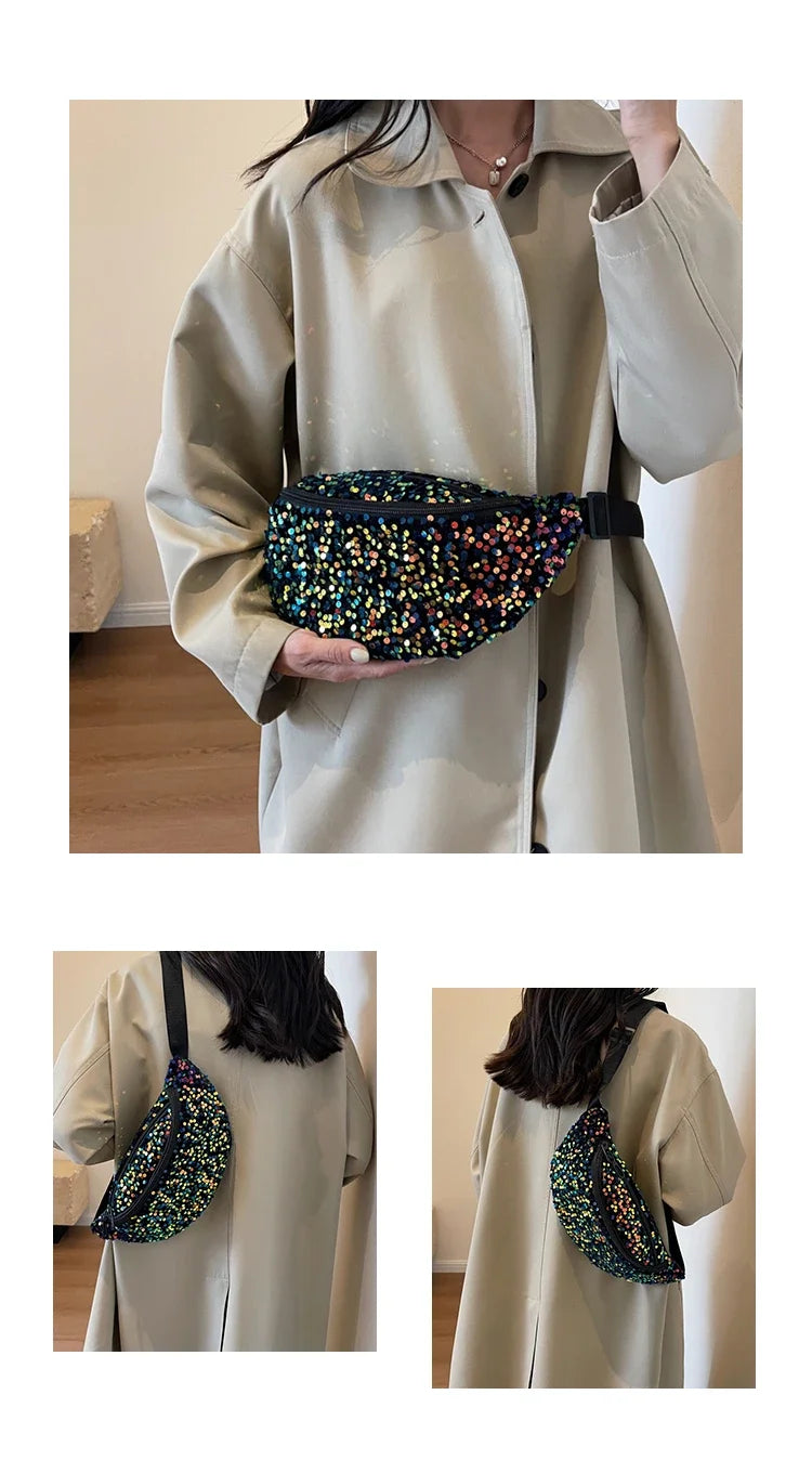 Light Luxury Zipper Fashion Women's Crossbody Bags New Best-selling Sweet Sequin Design Ladies Waist Packs Bolsas Femininas