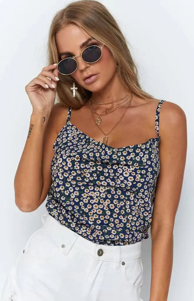 Summer Sexy Satin Strap Vest Top Sleeveless Inner Wear Base Tank Top Backless Splice Straight Cut Regular Length Women's Vest