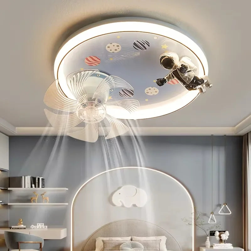 Modern Kids Room Ceiling Fan Light Cartoon Moon Astronaut Ceiling Lamp Boy Girl Bedroom Nursery Study Chandelier Ceiling Lights