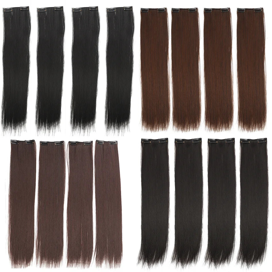 4pc synthetic women's 16inch/20inch/24inch four piece straight hair extensions, black/brown wig, suitable for daily wear