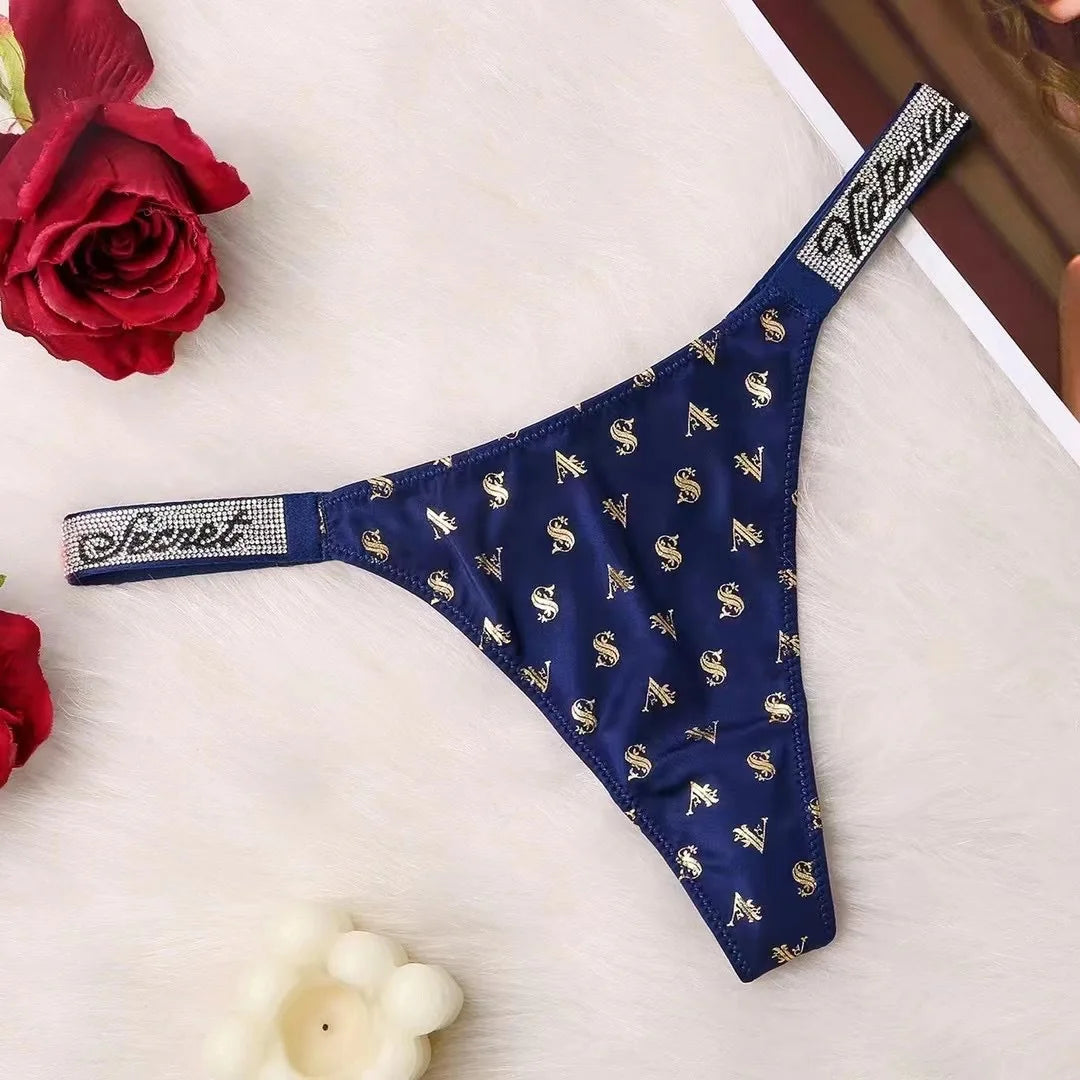 Fashion large size printed women's underwear comfortable rhinestone sexy underwear pink brand thong seamless t-pants metal chain