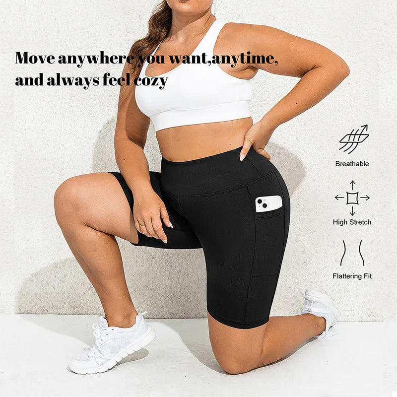 High Waist Plus Size Leggings Yoga Shorts for Women with Pockets, Non-See Through Shorts for Women