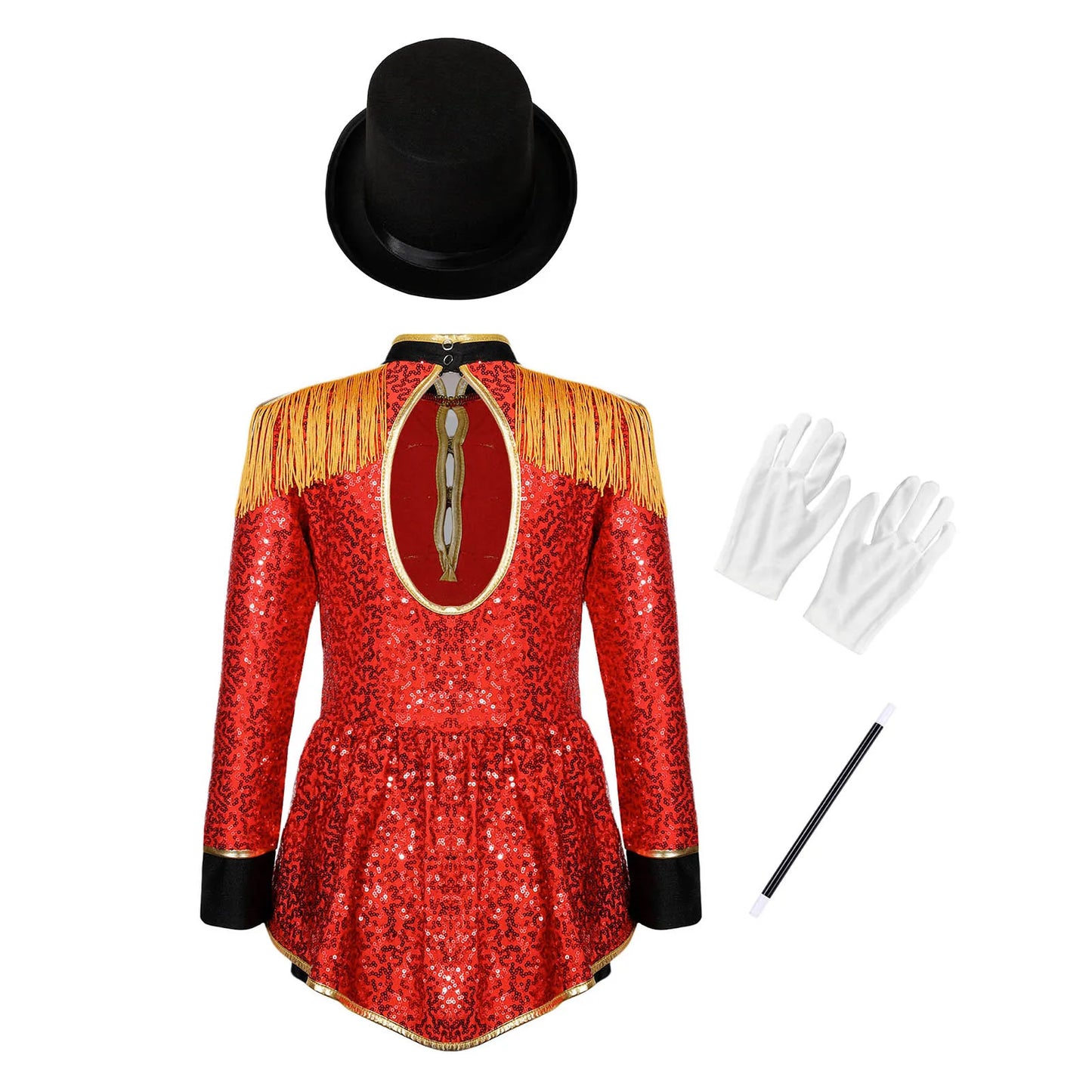 Kids Girls Circus Ringmaster Magician Drum Band Costume Sequins Bodysuit with Hat Gloves Wand Halloween Carnival Fancy Dress Up