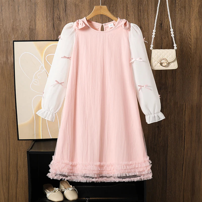 2025 Kids Clothing Autumn New Dress Pink O-Neck Long Sleeve A-Line Dress For Girls 8-12 Years Pretty Princess dress Party Set