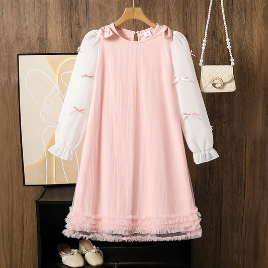 2025 Kids Clothing Autumn New Dress Pink O-Neck Long Sleeve A-Line Dress For Girls 8-12 Years Pretty Princess dress Party Set