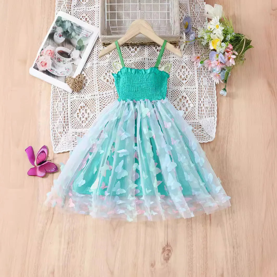 Baby Girls Big Butterfly Wings Gauze Princess Dress Lovely Kids Summer Sleeveless Tulle Sling Dress Children Birthday Party Gown
