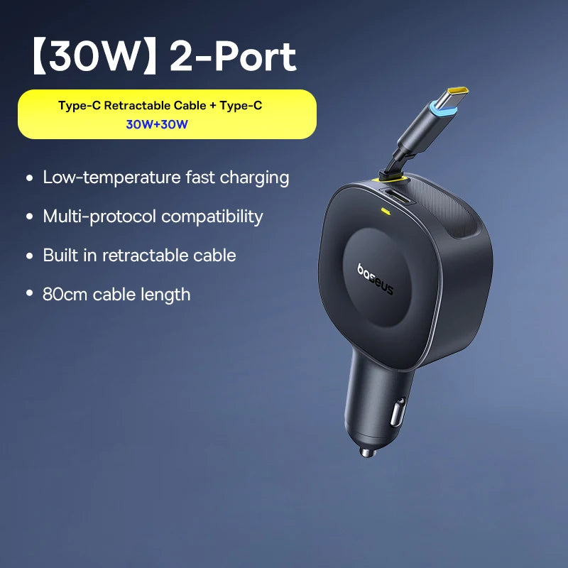 Baseus 30W Car Charger USB-C Type-C Retractable Fast Charging Car Phone Charger Adapter
