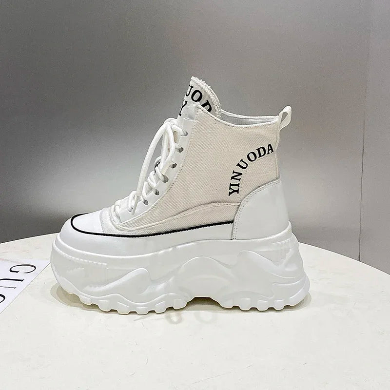 Women Sneakers High Top Platform Breathable Leather Shoes 2023 Autumn Ladies Wedges Casual Shoes For Woman Sports Dad Shoes 8CM