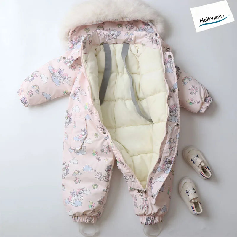 Baby Hooded One‑Piece Snowsuit Faux Fur Trim Windproof Waterproof Animal Print Warm Winter Zipper Jumpsuit Romper For Boys Girls