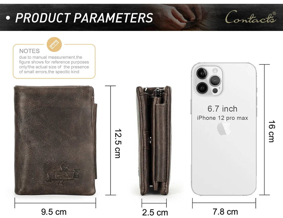 CONTACT'S Genuine Leather Men Wallet Vintage Trifold Hasp Wallet Zipper Coin Purse Card Holder Money Clip Men's Wallets
