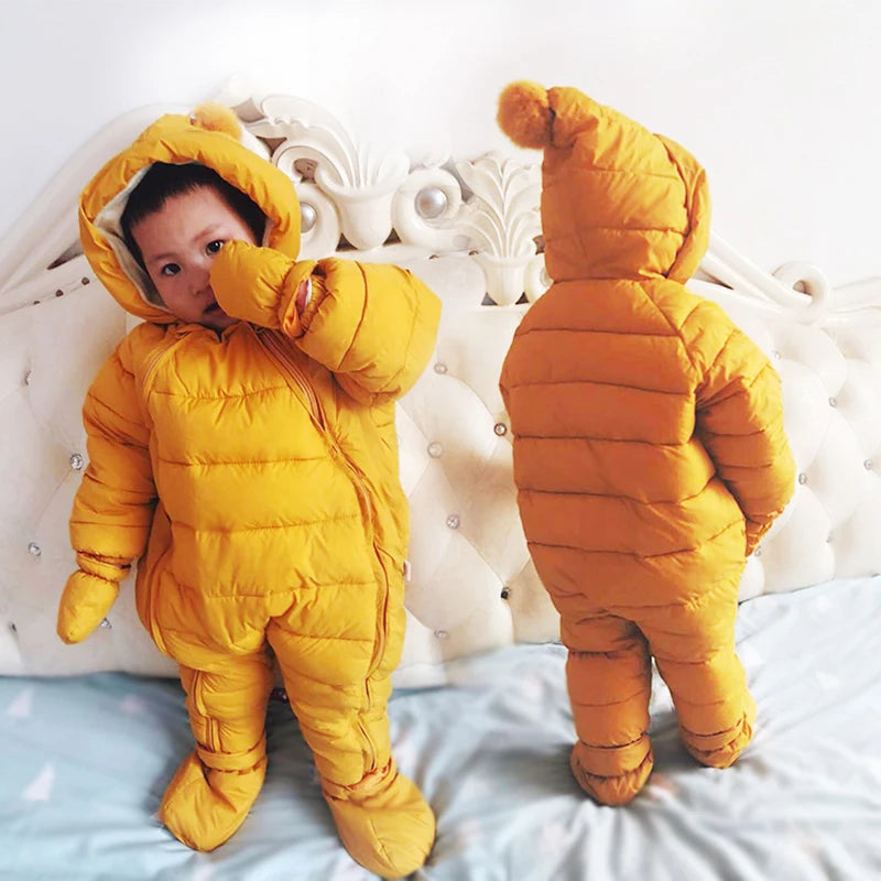 OLEKID 2025 Newborn Baby Jumpsuit Hooded Plus Velvet Warm Baby Boys Snowsuit Toddler Snow Suit Baby Girl Cotton Overalls Rompers