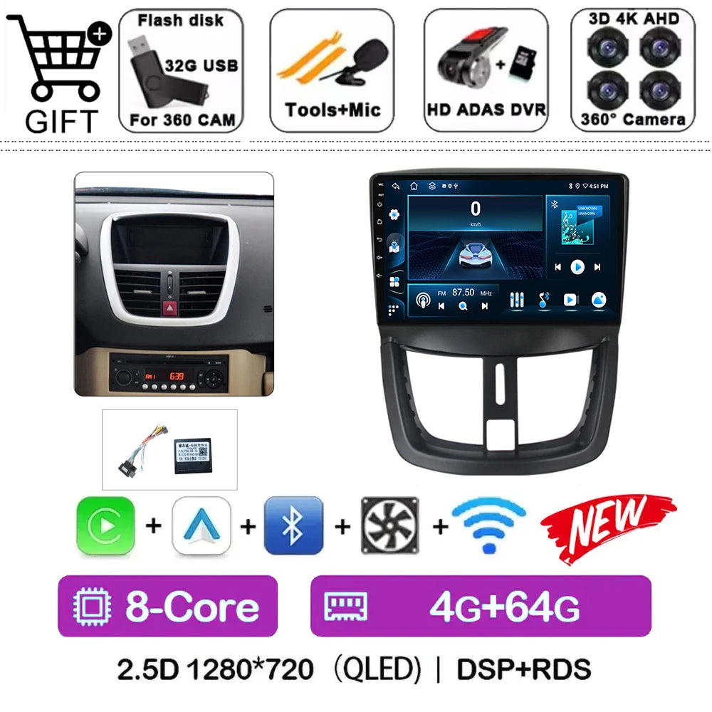 Car Radio For Peugeot 207 2006 - 2015 Multimedia Video Player Navigation Stereo GPS Android 14 wireless Carplay DSP RDS 5G WIFI