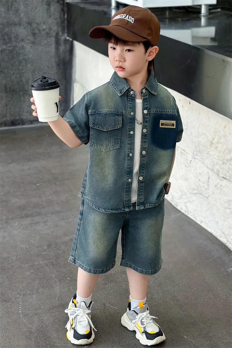 2025 Trendy Boys' Denim Set Vintage Wash Short Sleeve Shirt & Shorts 2-Piece Summer Outfit