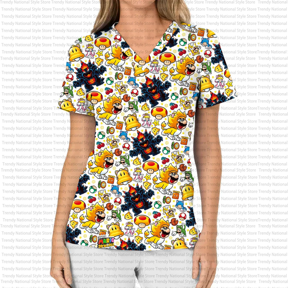 Women's Nursing Hair T-shirt, Nurse Uniform, Professional Medical Cartoon Print, Women's Nursing Wear, Work Veterinarian Top