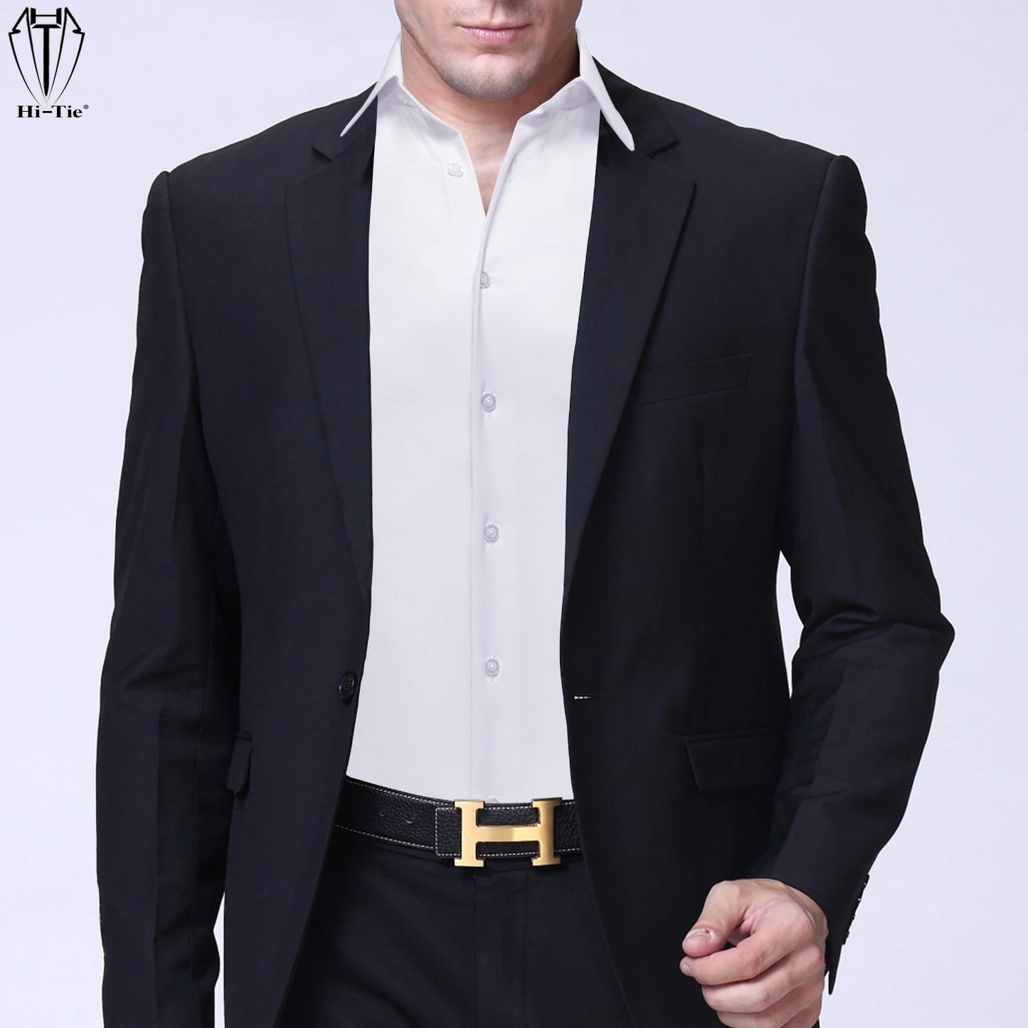 Hi-Tie Pure Black Silk Mens Shirts Plain Smooth Long Sleeve Formal Dress Blouse for Male Wedding Business Events Oversized Gift