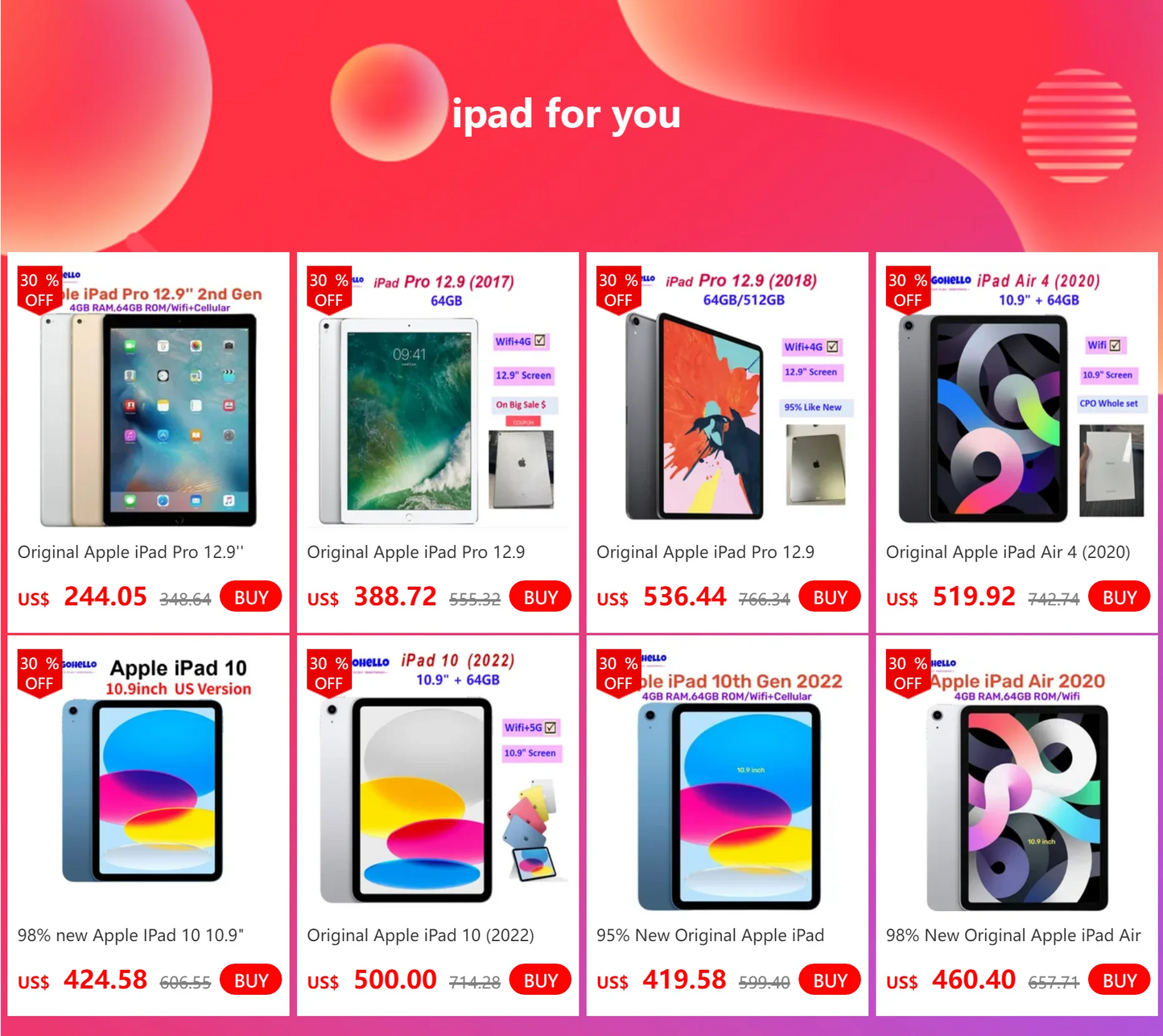 Original Apple iPad 10 (2022) 10th Gen 10.9Inch 64GB  WiFi + Cellular 5G Face ID 12MP Unlocked Used Tablet 95% Like New