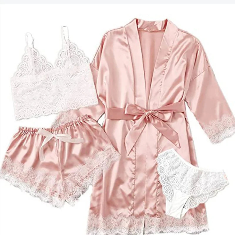 Women' Silk Satin Pajamas Set 4pcs Lingerie Lace Sleepwear With Robe Nightgown Long Sexy night-robe V-neck Nightdress Suit