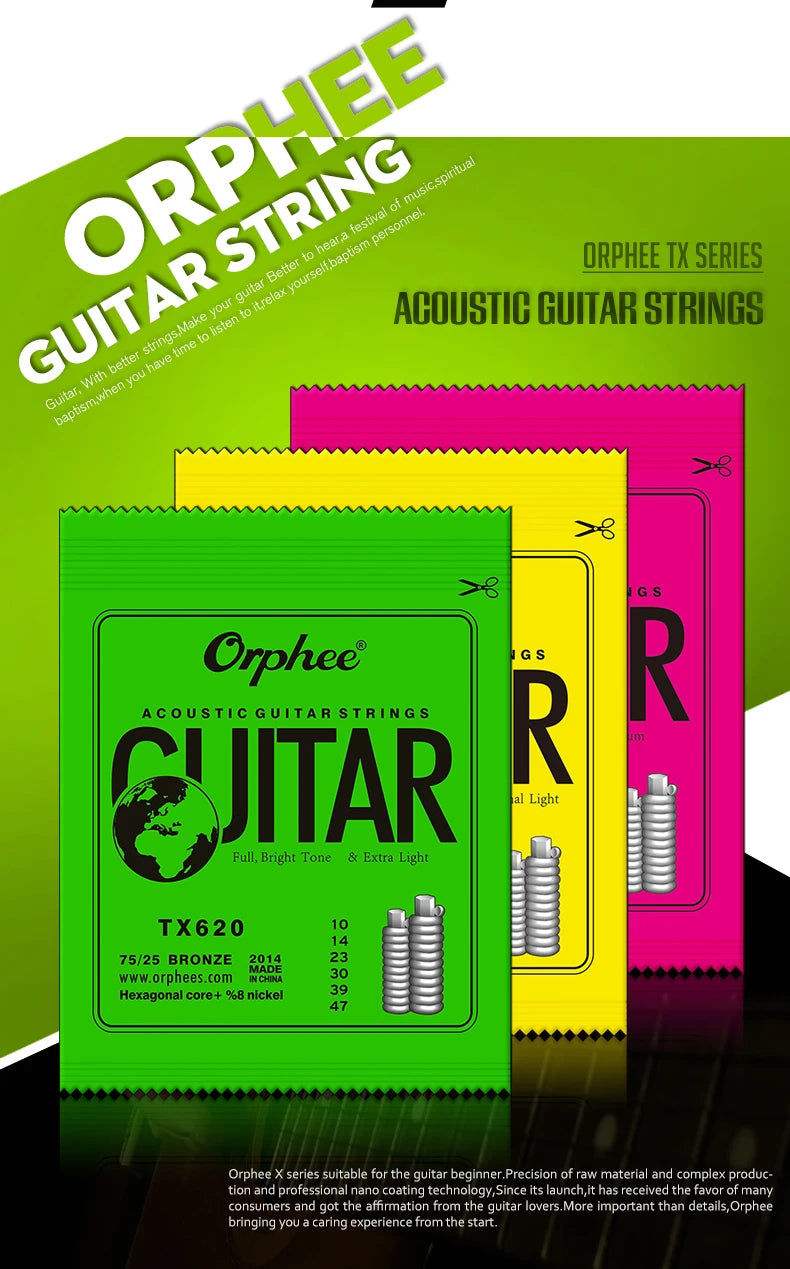 Orphee Acoustic Guitar Strings Set Medium Carbon Steel Hexagonal Core Rust Prevention Treatment Folk Guitar Parts & Accessories