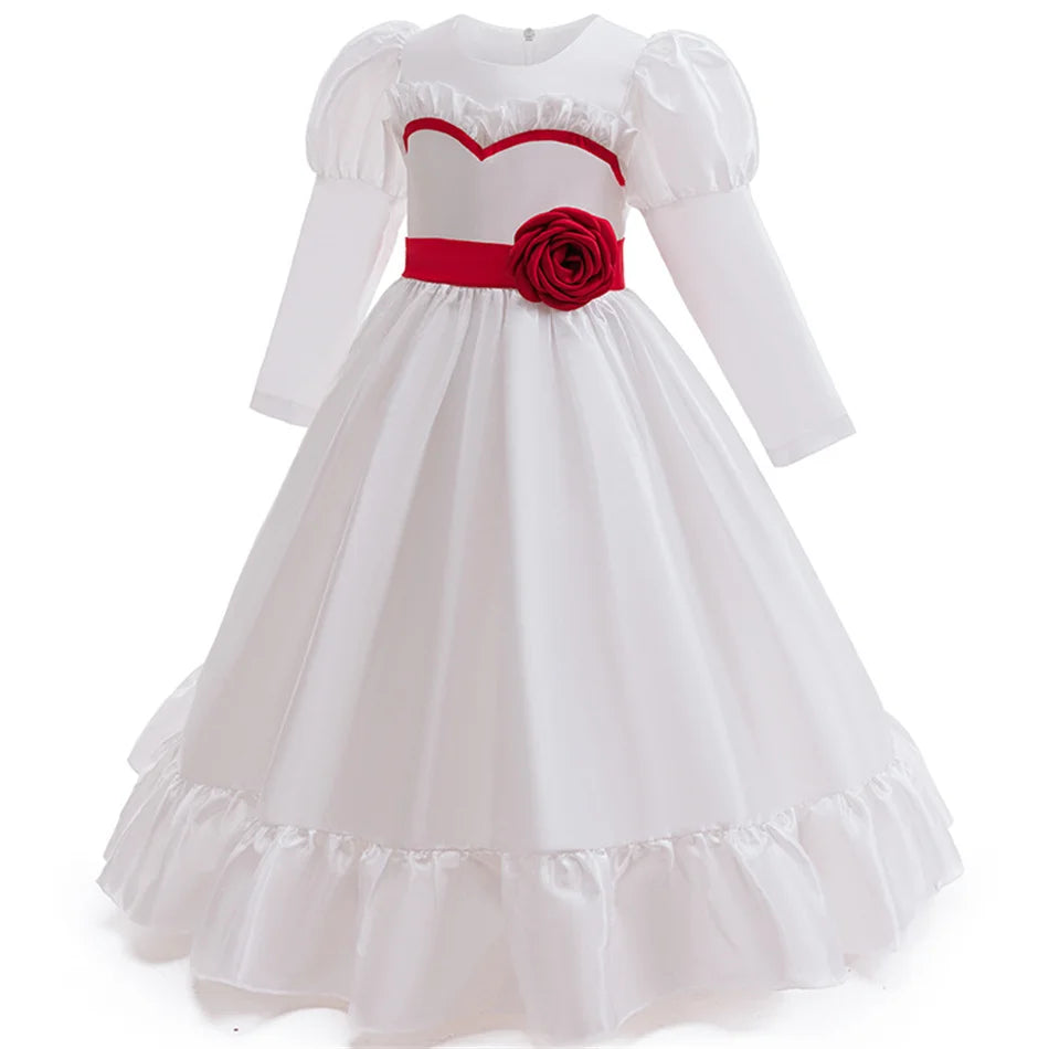 Horror Movie Annabelle Cosplay Costume Girl Long Sleeve Rose Dress For Kid Scary Ghost Role Play Halloween Carnival Party Outfit
