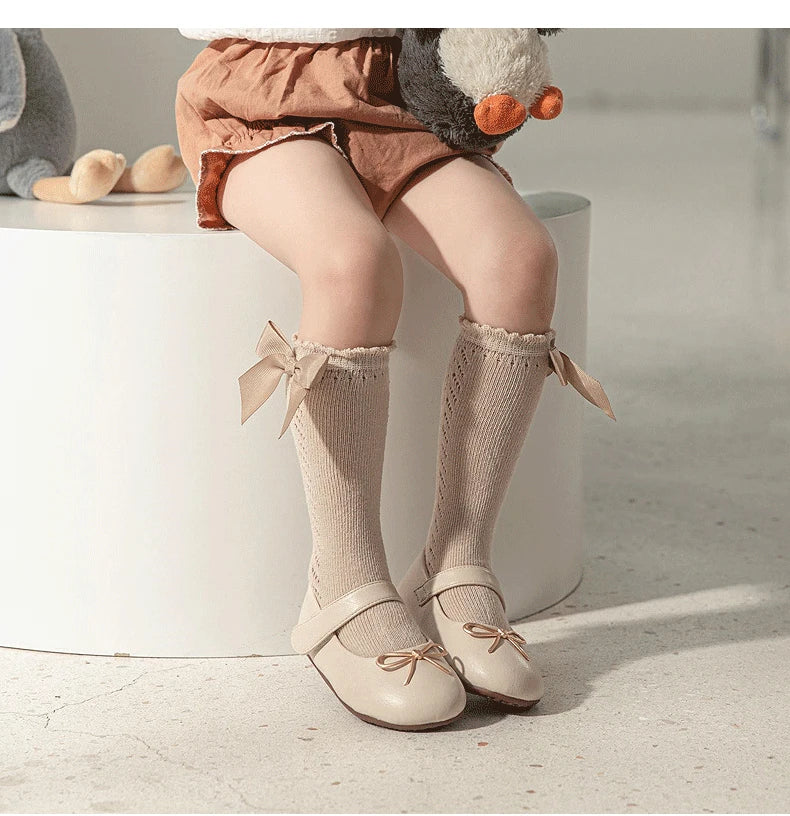 1 Pairs Kids Knee High Socks Baby Girls Boys Bow Long Sock Soft Cotton Mesh Breathable Children Hollow Out Socken For 0-7 Years