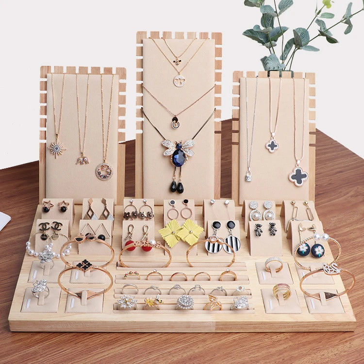 Wood Set Jewelry Counter Display Stand Necklace Pendant Holder Earring Ring Display Tray Props High-Capacity 39*25Cm