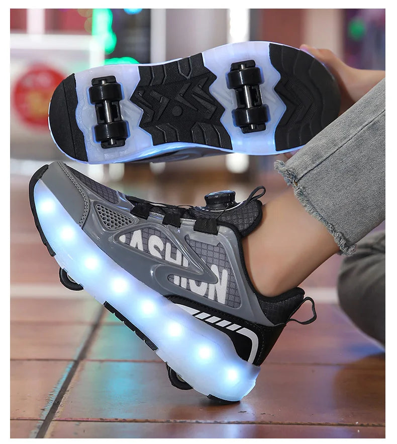 Children's Roller Skate Shoes 4-Wheels Removable Wheeled Rolling Shoes for Kids with LED Light Inline Skate Sneaker