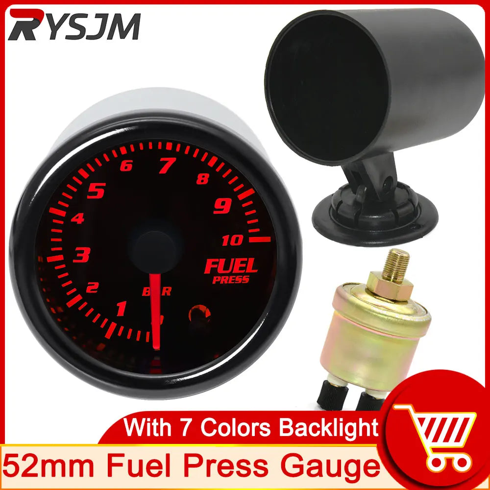 HD 52mm Fuel Press Gauge with Fuel Pressure Sensor 1/8NPT 0~10 Bar 7 Colors Backlight Fuel Pressure Gauge Car Oil Pressure Meter