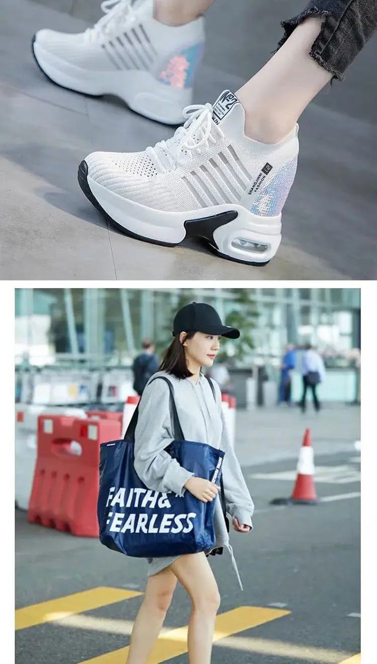 2025 Women's Sneakers Spring Sequined Casual Shoes Woman Platform Heels Wedges Height Increasing Knitted Ladies Vulcanized Shoes