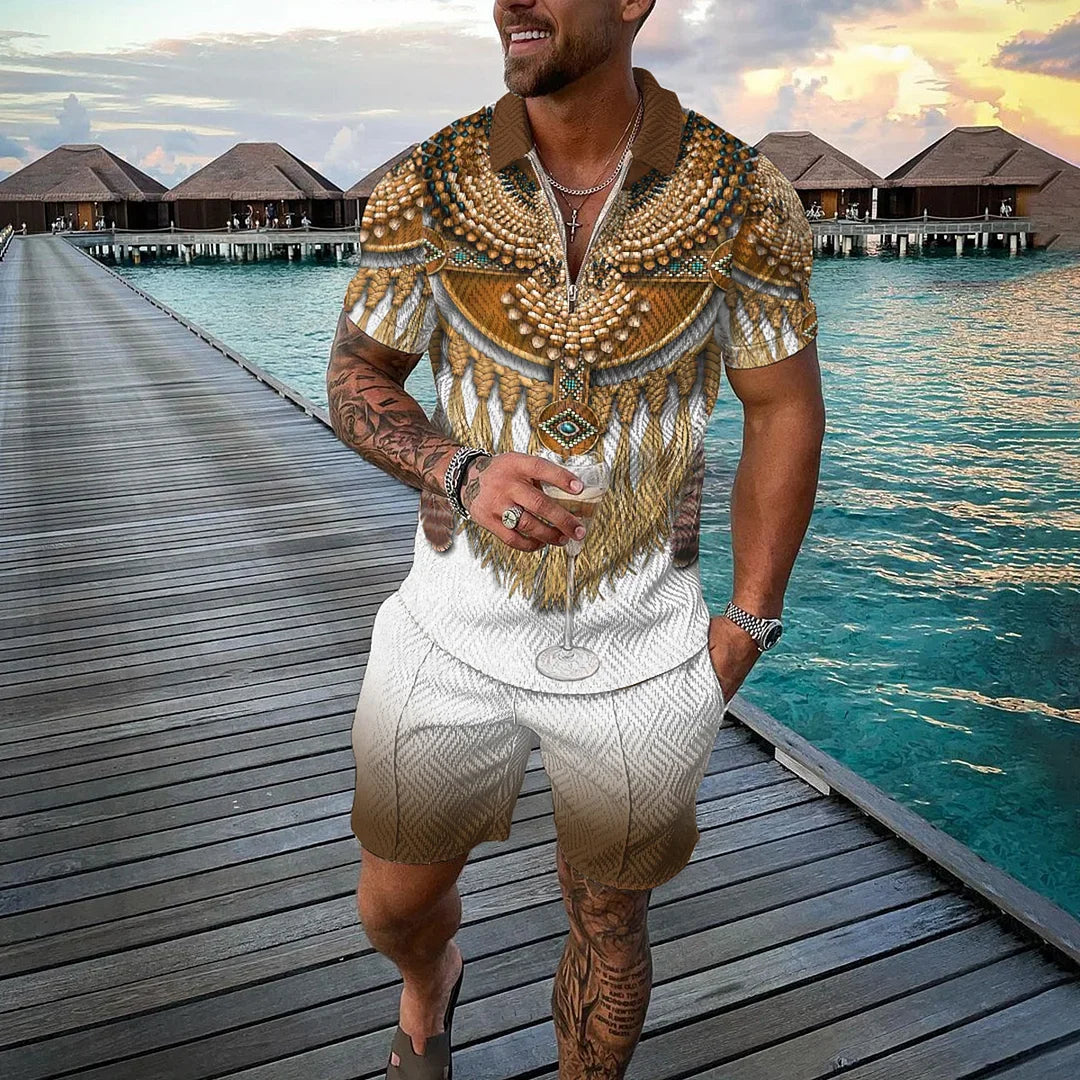 Men Tracksuit Summer New 3D Printed Beach Zipper Polo Shirts Shorts 2 Pcs Sets Boho Geometric Style Holiday Clothing Ropa Hombre