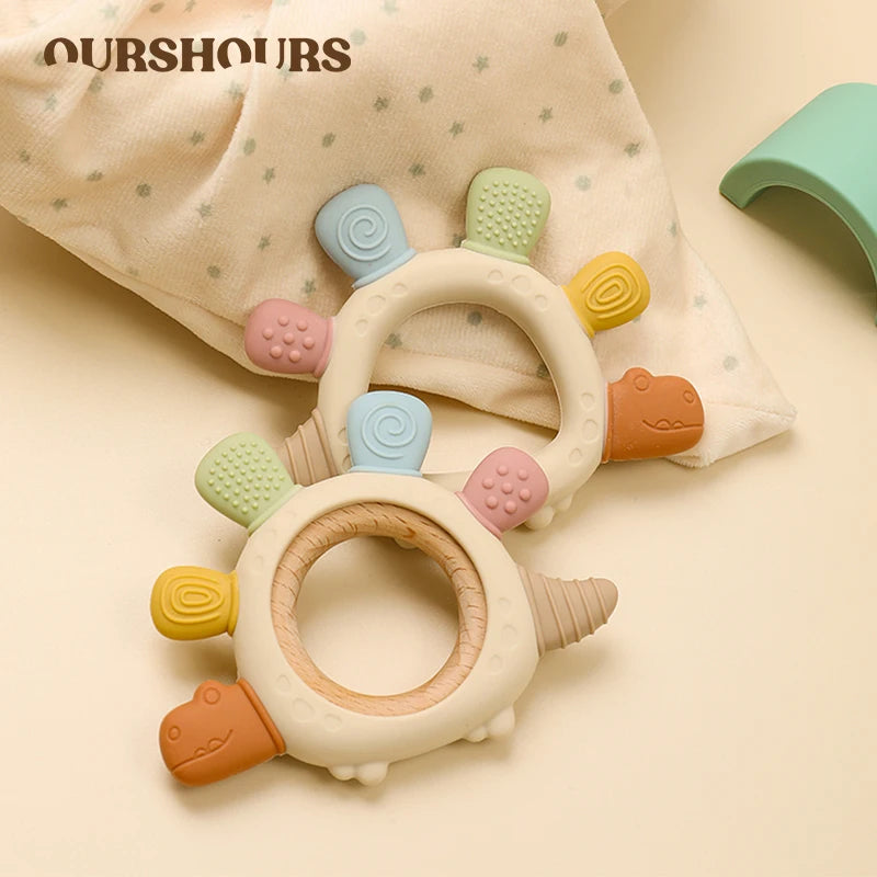 Cartoon Stegosaurus Baby Wooden Ring Silicone Teething Toys Easy to Grip Newborn Gift BPA Free Colorful Infant Chewing Molar Toy