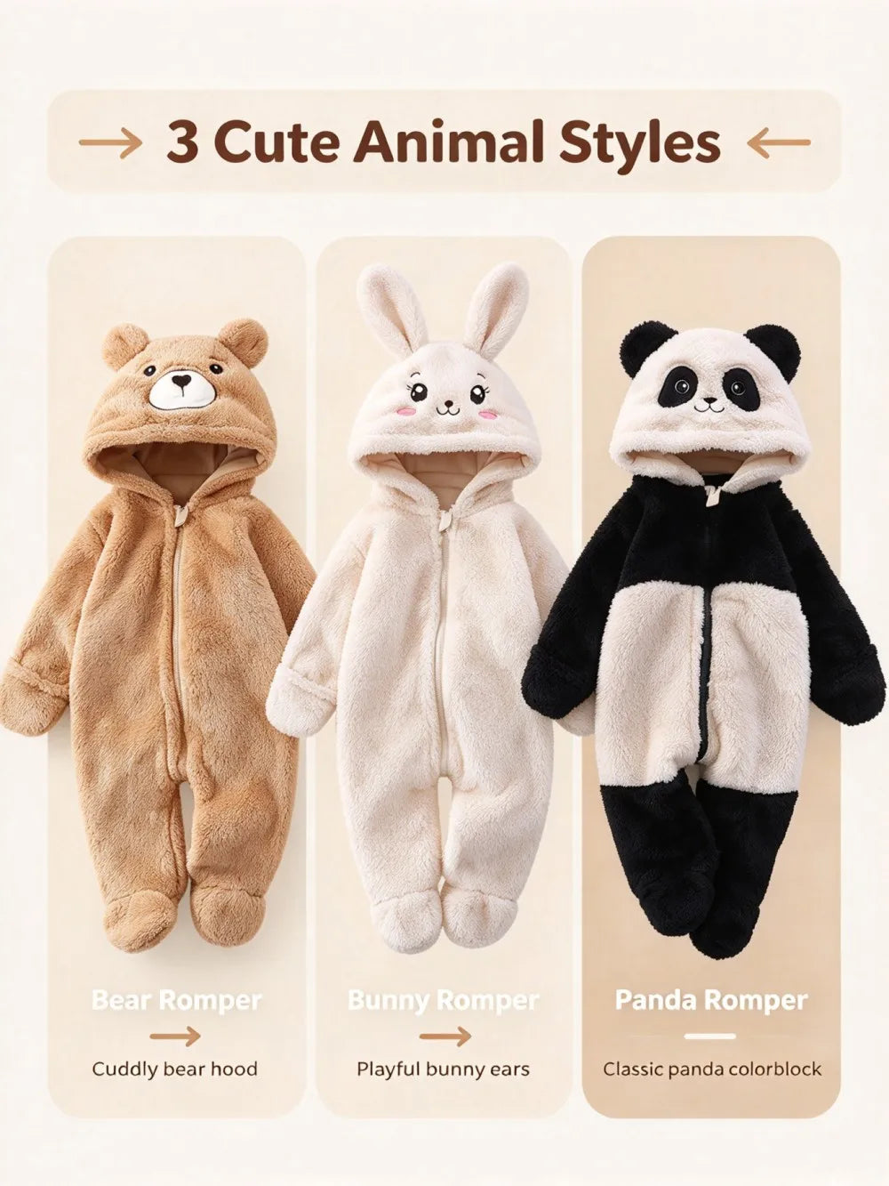 Baby Animal Onesie 0-12M Panda Bunny Bear Hooded Plush Romper Soft Warm Coral Fleece Jumpsuit Newborn Bodysuit Winter Costume