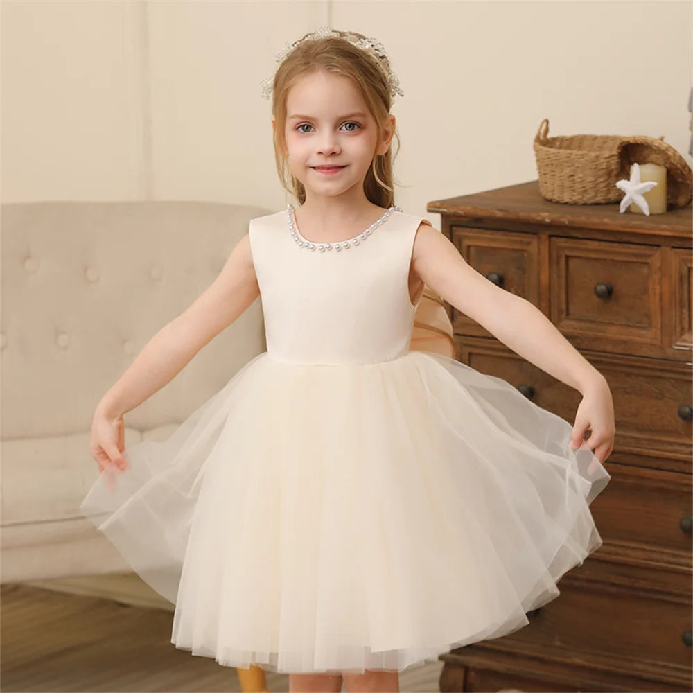 Toddler Girl Flower Birthday Tulle Pearl Dress Backless Bow Wedding Gown Baby Girl Bowknot Dresses Kid Party Wear Princess Dress