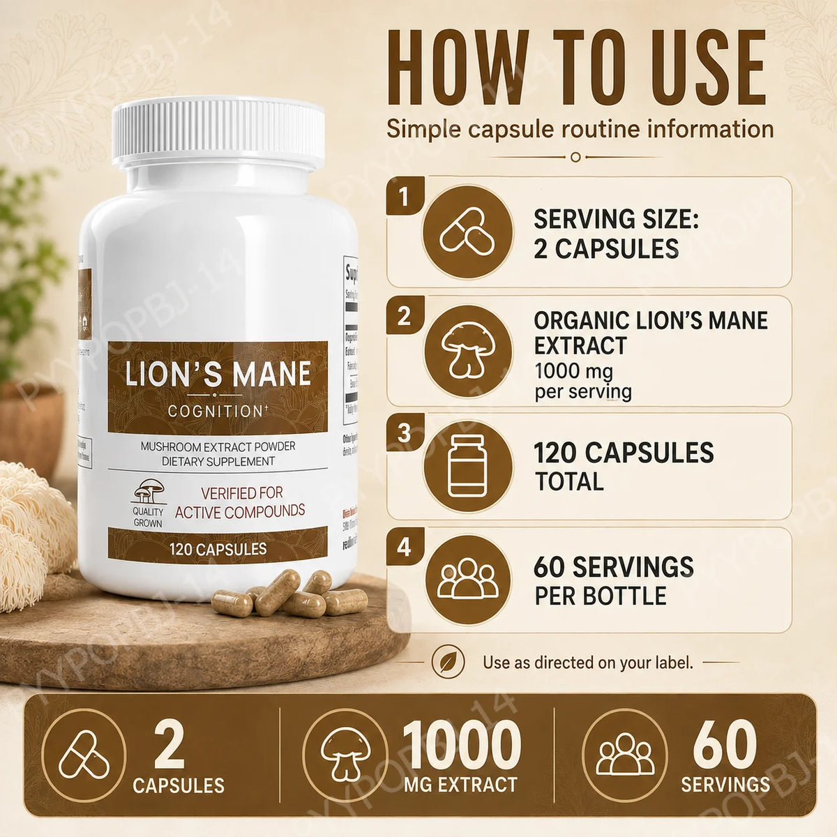Lion’s Mane Mushroom Extract Capsules 1000mg, 300mg Beta Glucans, 120 Count, Vegan Non-GMO Gluten Free Daily Blend