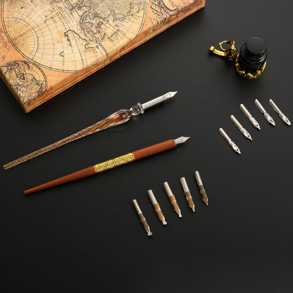 Retro European Star Starry Sky Glass Fountain Dip Pen Set Student English Ink Calligraphy Pen Birthday Writing Stationery Gift