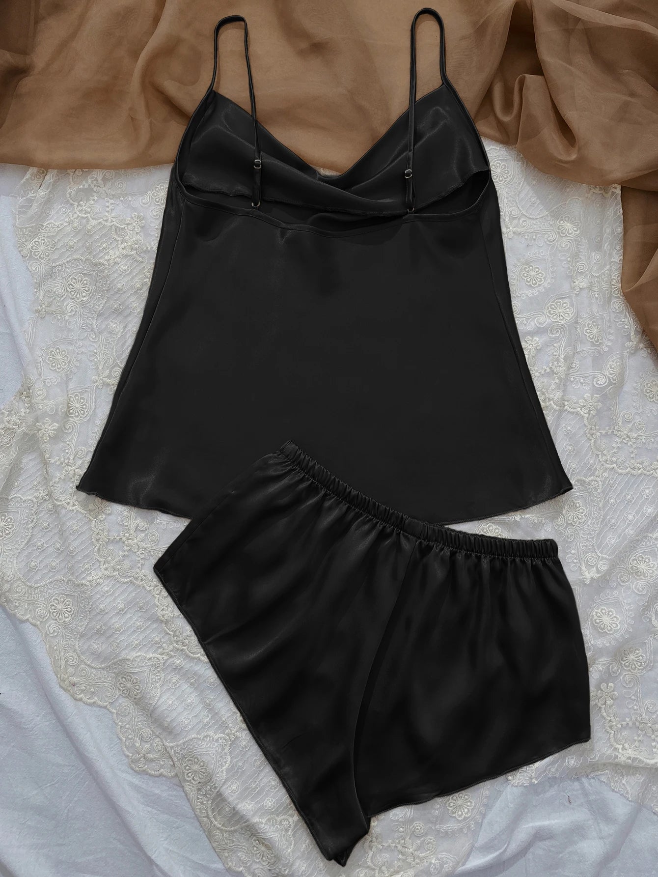 Solid Satin Pajama Set  V Neck Cami Top   Elastic Waistband Shorts Women's Sleepwear  Loungewear