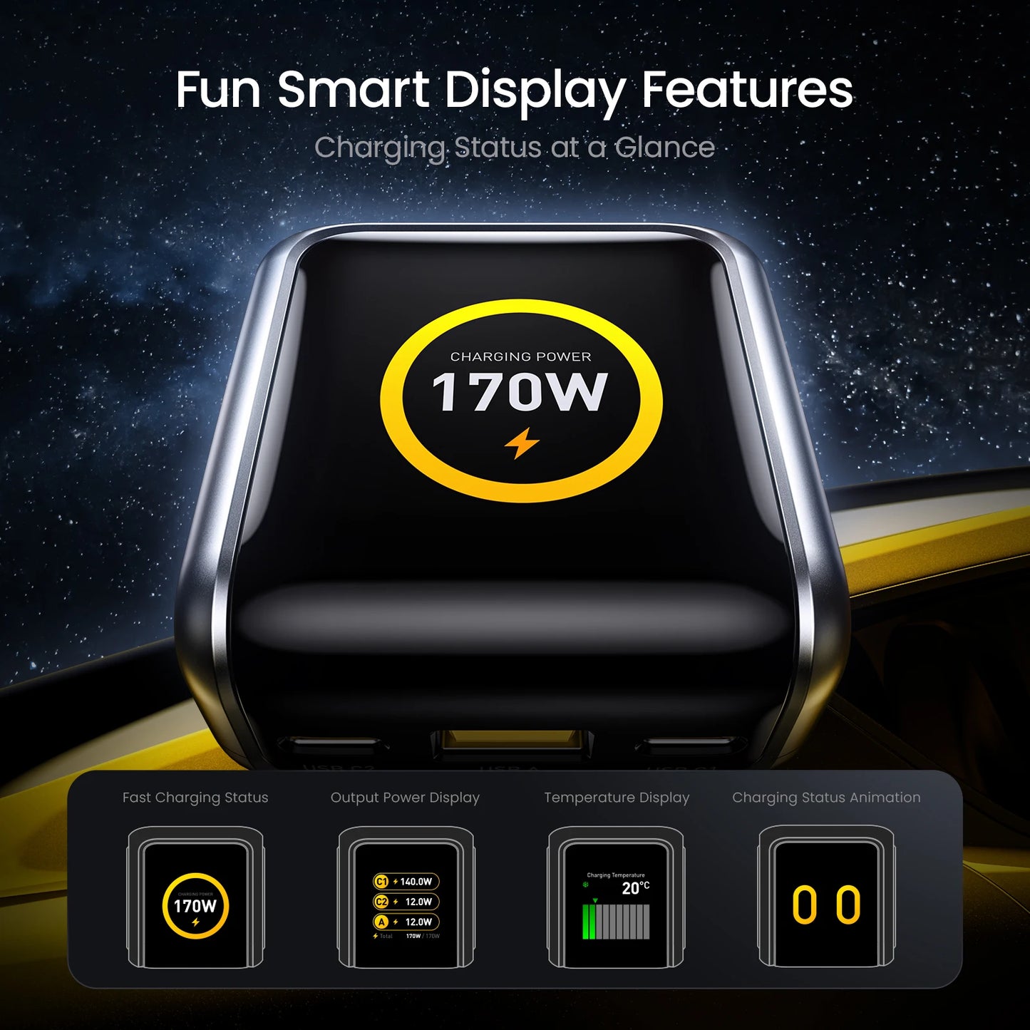 AOHI THE FUTURE Car Charger  AI PD GAN+ 170W 3-Port LED Display Fast Car Charger