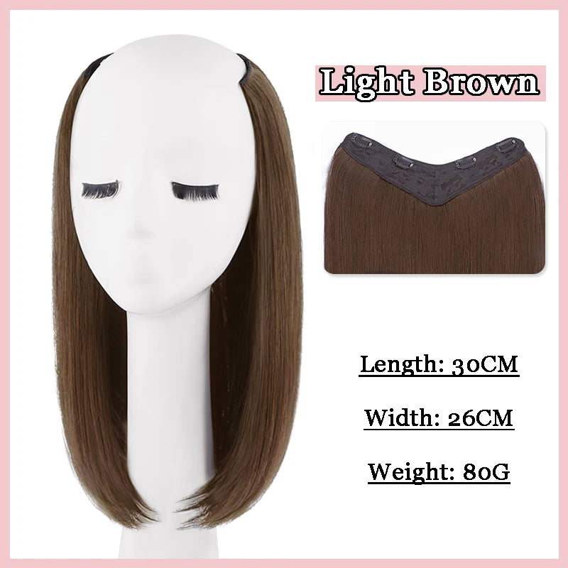 12Inch Synthetic V-shaped Layered 4 Clips Synthetic Long Straight Hair Extension Hairpiece Wig for Women