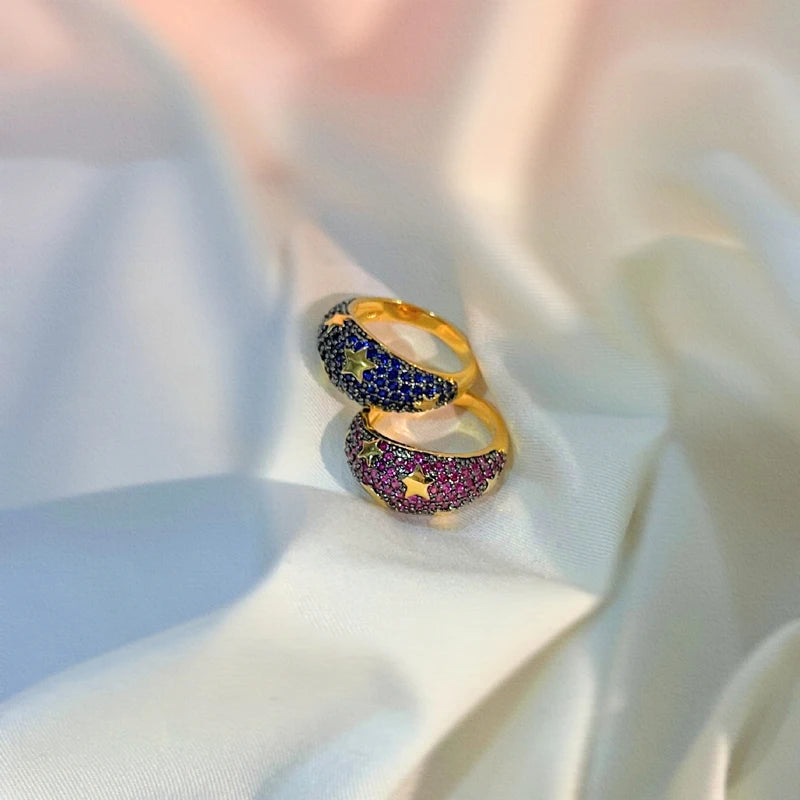 2025 Gold Color Rainbow Fashion Bling Moon Star Ring For Women Men Hip Hop Iced Out Paved Colorful Neon Enamel Luxury Jewelry