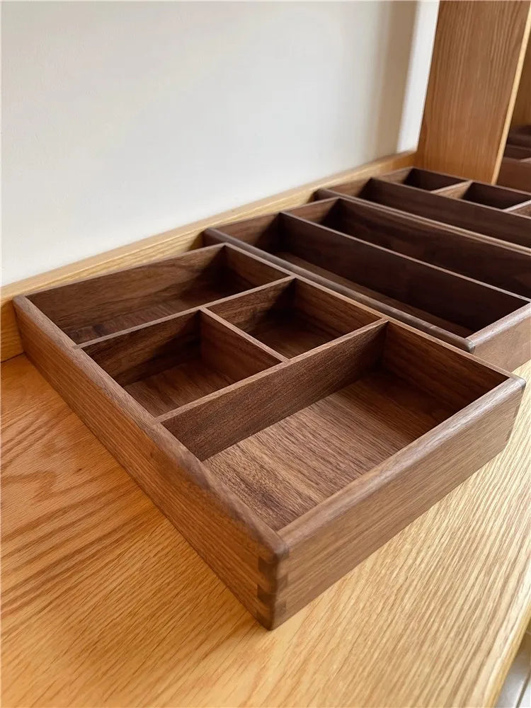 Compartment Solid Walnut Desk Organizer Precision-Crafted Wooden Storage Box for Office Supplies & Stationery
