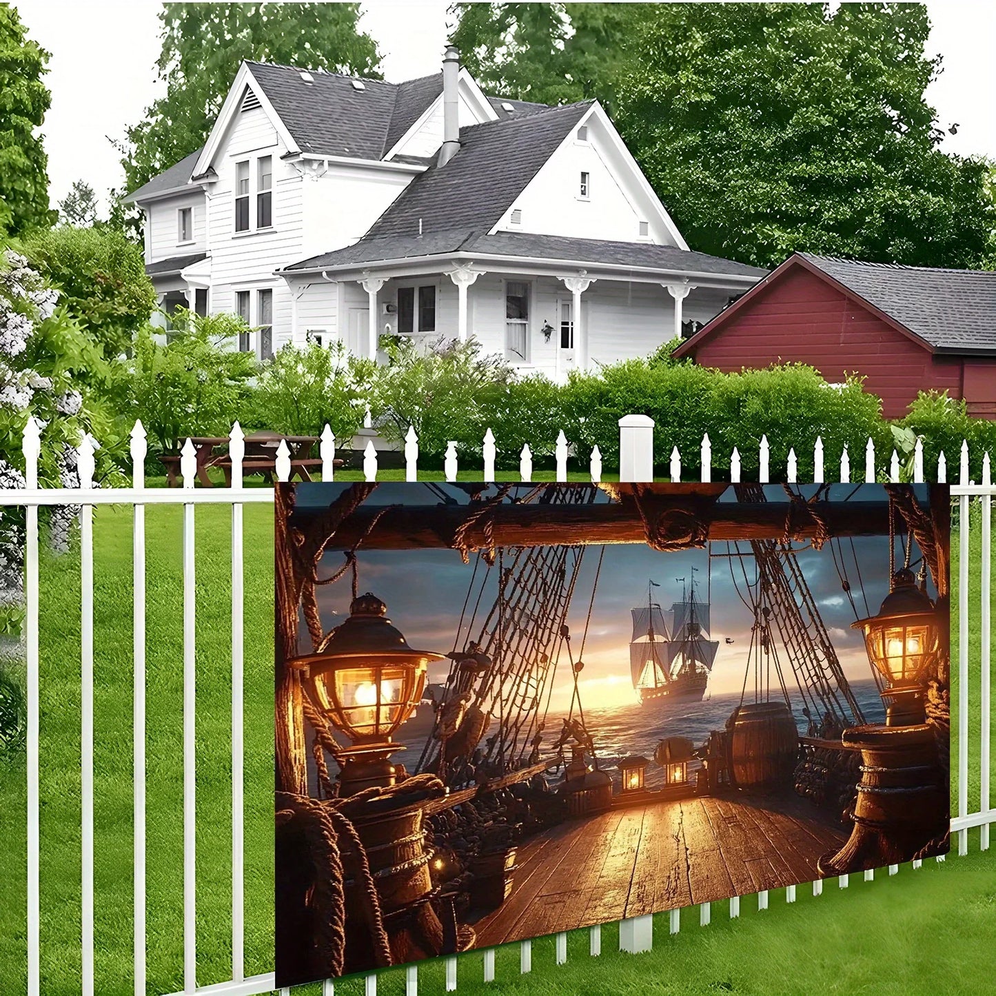1 golden dusk pirate ship sailing scene background cloth, retro-style party banner, outdoor decoration